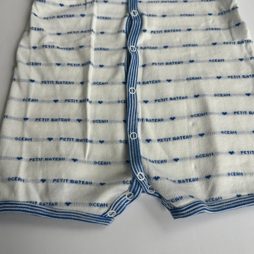 Petit Bateau 12M 74cm Blue White Striped Organic Cotton Short Sleeve Romper